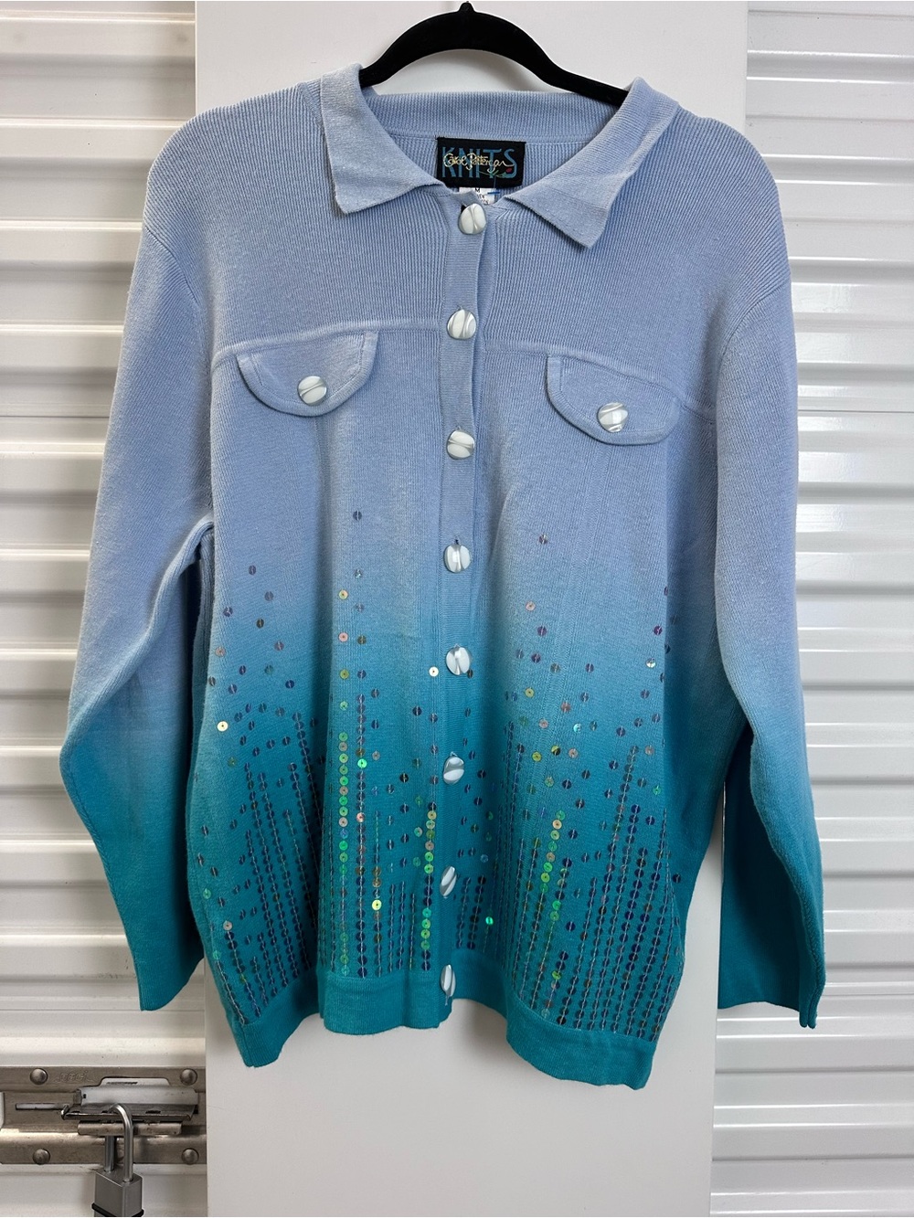 Carol Patterson Knits blue ombré sweater embellished with sparkling sequins